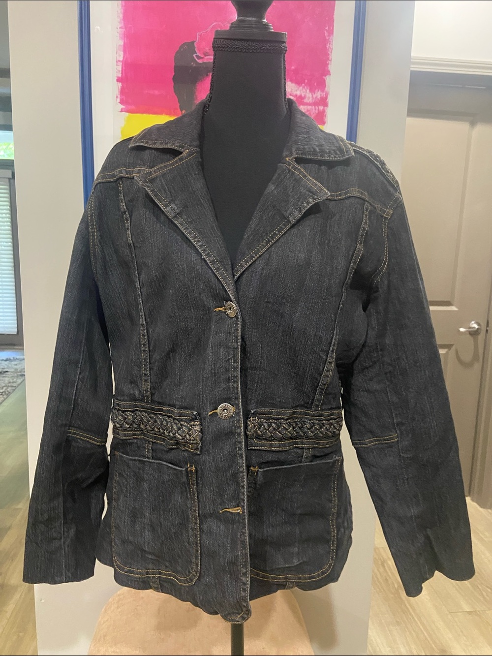 Ashley Stewart Black Washed Denim Jacket with Braided Waist